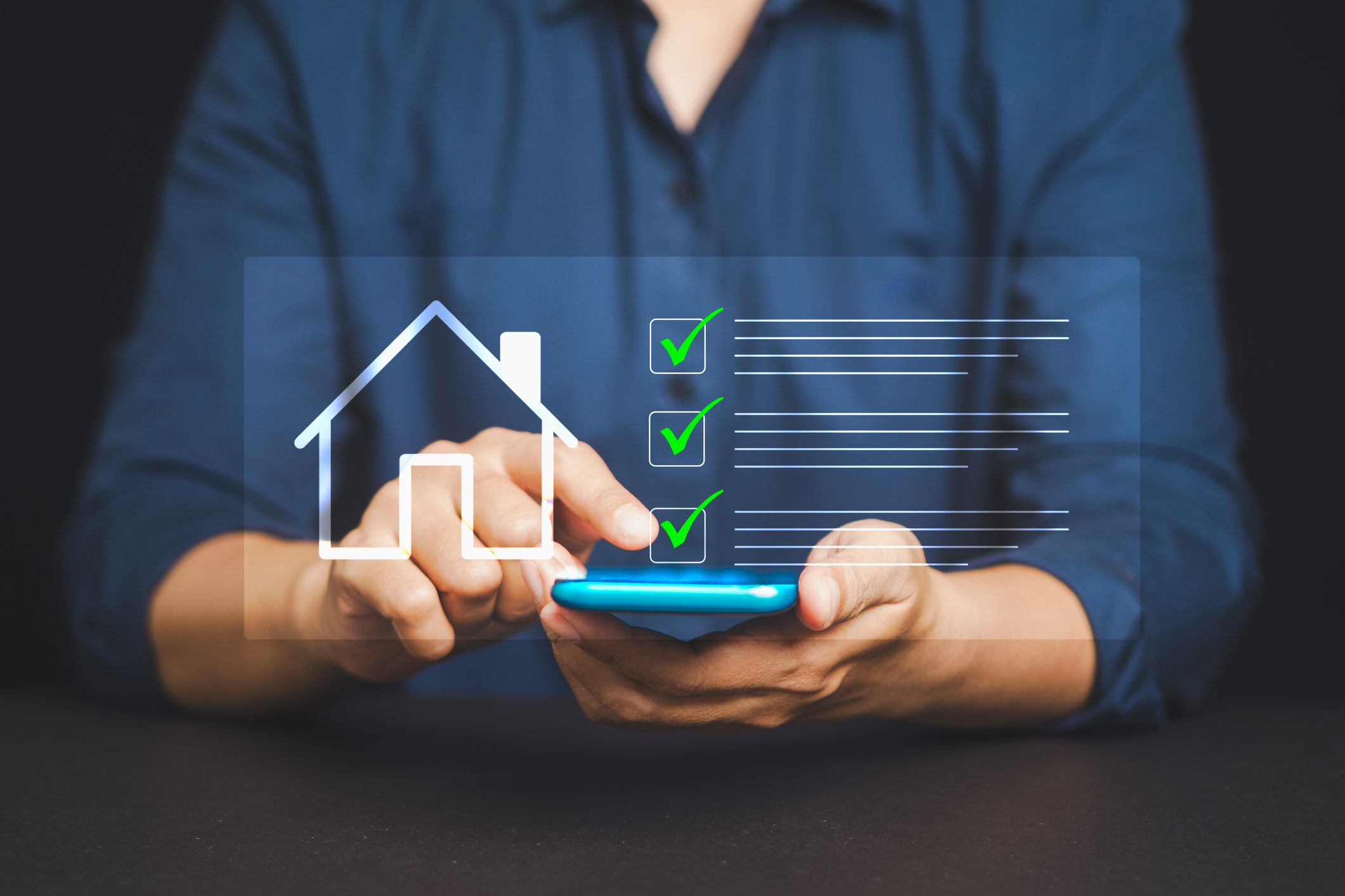 Person using smartphone with home checklist overlay.